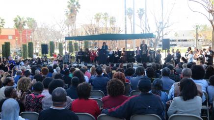 Assemblymember Reyes speaking at the unveiling 