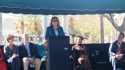 Assemblymember Reyes speaking at the unveiling 