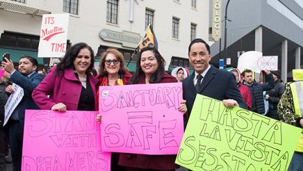 Reyes, Gonzalez Fletcher, Carrillo, and Gloria at Sacramentans United for Immigrants & Against Sessions Rally