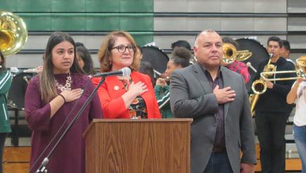 Assemblymember Eloise Reyes doing the Pledge of Allegiance